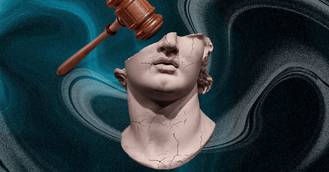 A wooden gavel hovering above a marble bust of a man’s face that’s cracking.