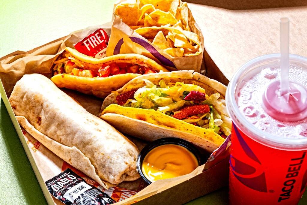 A Taco Bell meal and drink.