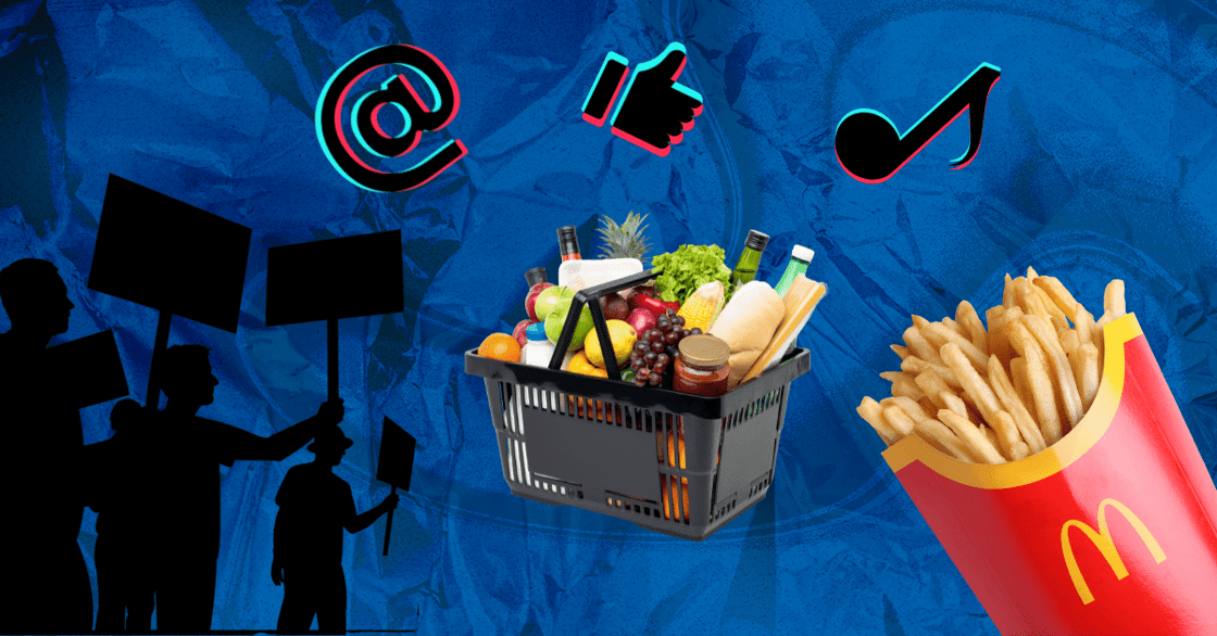 Vibrant scene: shopping basket with groceries, protest silhouettes, icons (@, thumbs-up, musical note), and fast-food fries.