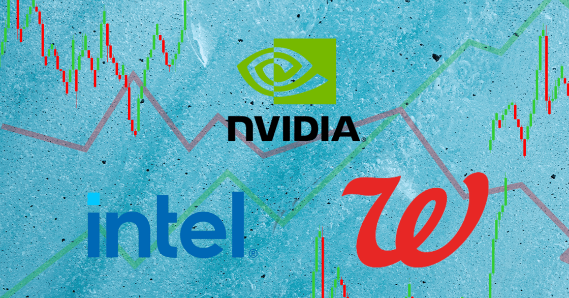 Nvidia, Walgreens, and Intel’s logos against a blue background with rising and falling chart lines on it