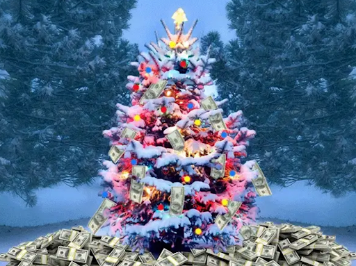 A Christmas tree lit up with money at its base.