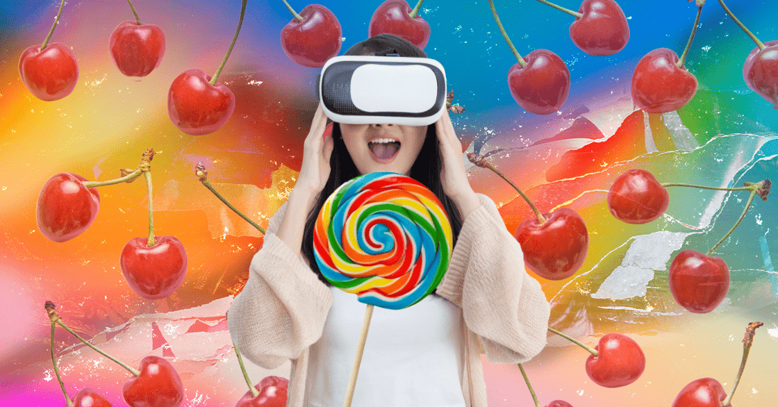 A woman in a VR headset licks a rainbow-colored lollipop.