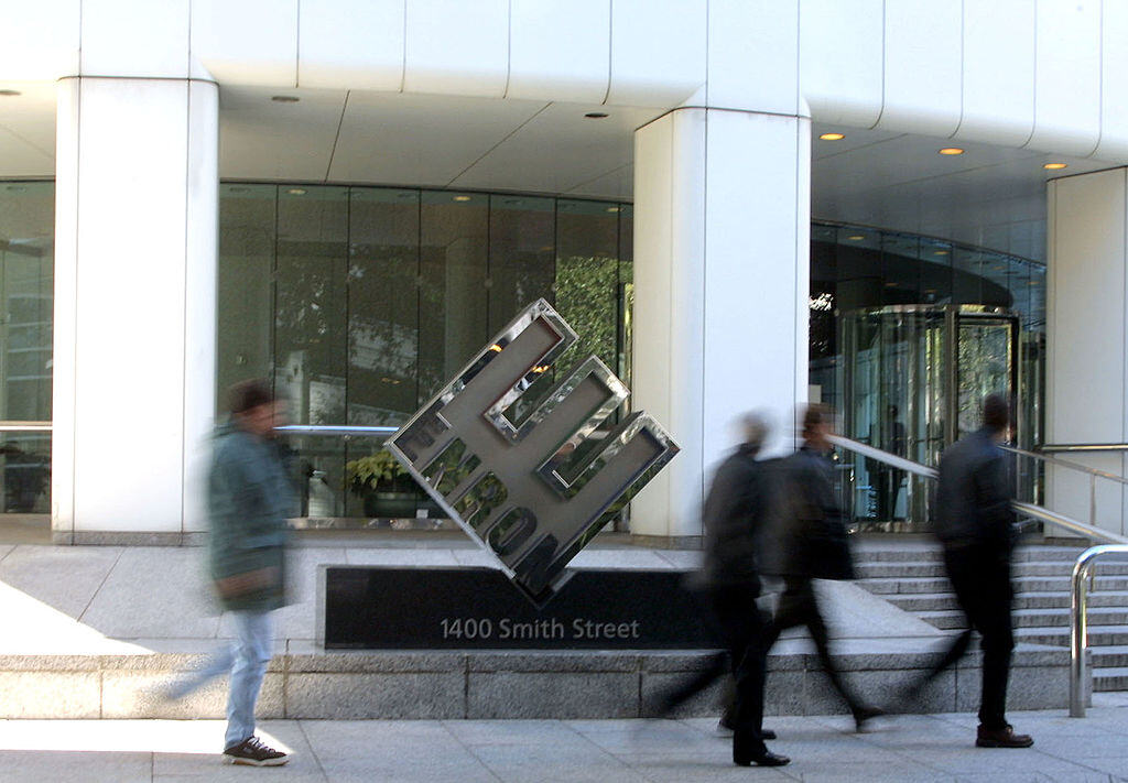 The Enron logo outside an office building.