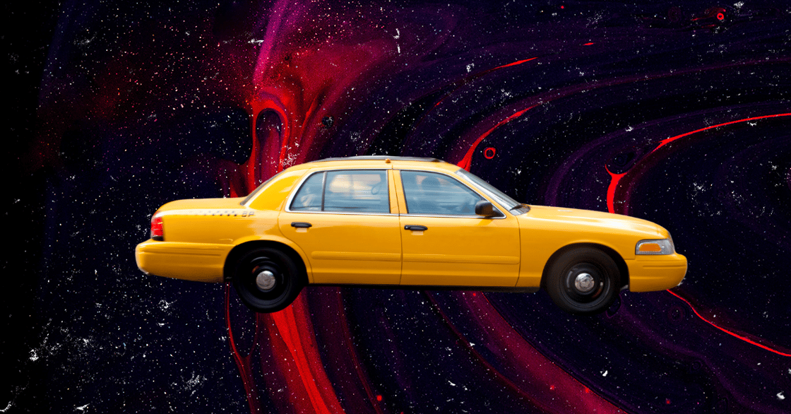 A taxi cab against a black and red background.