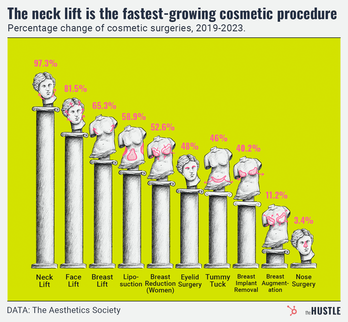 Bar graph: 'The neck lift is the fastest-growing cosmetic procedure' (2019-2023), ranging from Nose Surgery (1.0%) to Neck Lift (20.2%); source: The Aesthetics Society.