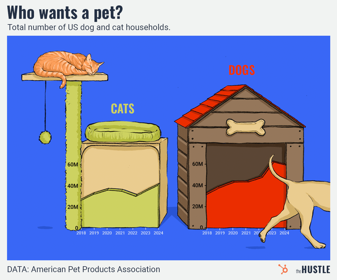 Graphic: Comparison of US dog vs. cat households (2018-2024); cat on scratching post, dog jumping from house; layered colors show household numbers; source: American Pet Products Association.