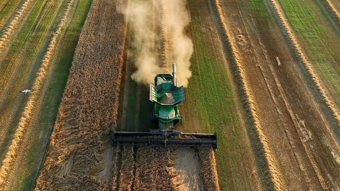 A John Deere combine harvester on a wheat field.