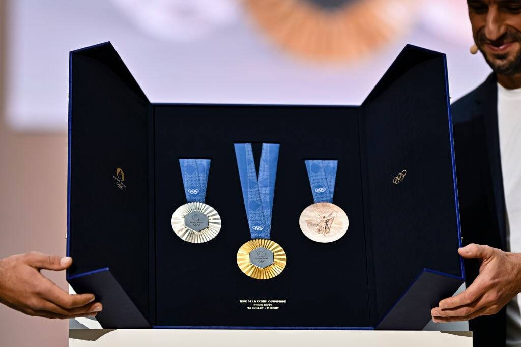 Olympic medals displayed at the 2024 Paris Olympics.