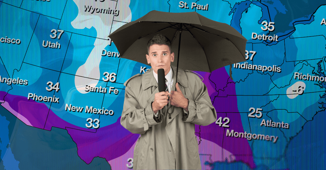 A male weather reporter in a coat holds an umbrella in front of a temperature map of the US.