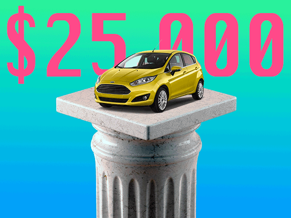 GIF: Yellow car on pedestal. Price animates, increasing from $39,000 to $52,000 repeatedly, highlighting price hikes.