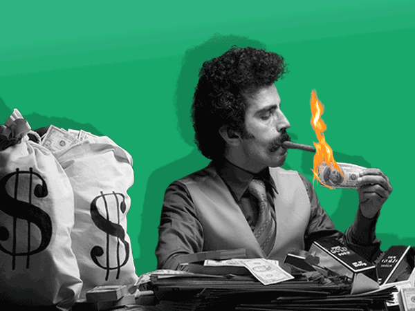 A stylized image with a man in a suit lighting a cigar with a burning dollar bill. Bags of money with dollar signs and gold bars are visible, set against a green and grayscale background.