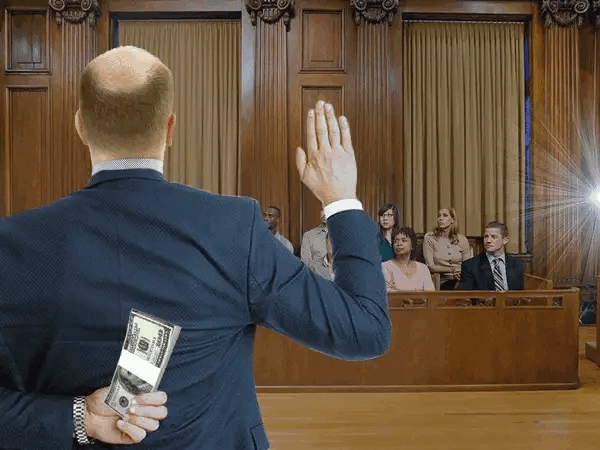 A man in a suit is shown from behind on a witness stand in a courtroom, raising his right hand to be sworn in, while his left hand holds a stack of cash behind his back.