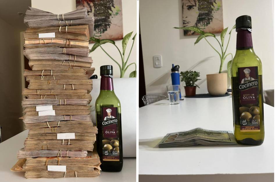 Two sides of a table: one with a tall stack of cash and a 