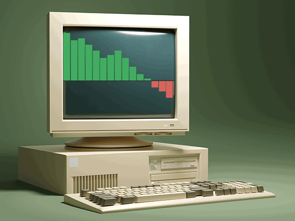 A beige, older computer monitor displays a two-color bar chart, illustrating a market trend that starts strong (green) and then declines (red).