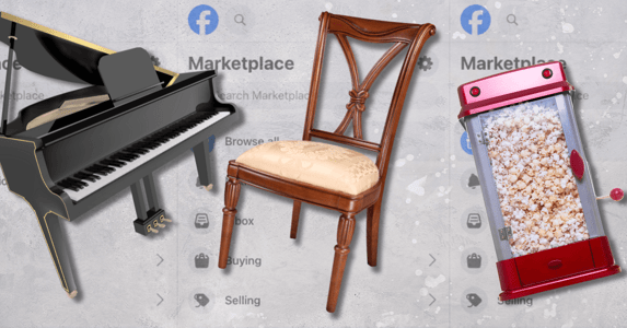 A grand piano, a chair, and a popcorn maker on a background of Facebook Marketplace homepage screenshots.