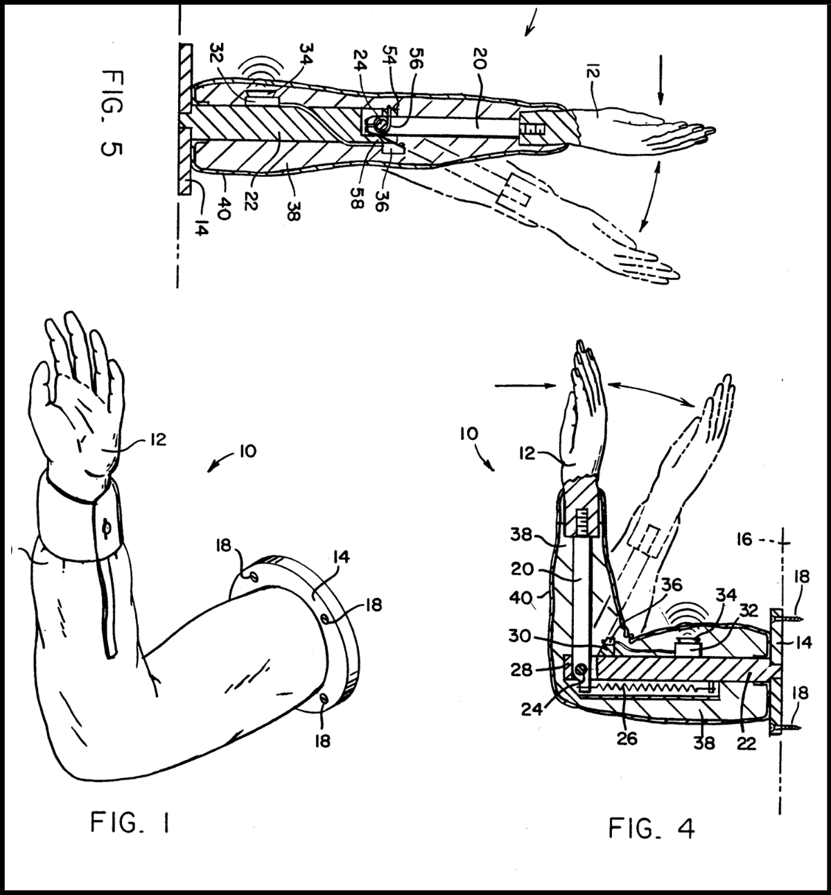 Three patent sketches of a wall-mounted fake arm.