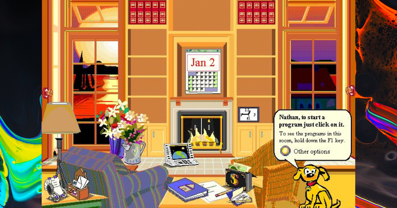 A screenshot of Microsoft Bob, depicting a cartoon house with a cartoon dog, on a rainbow background.