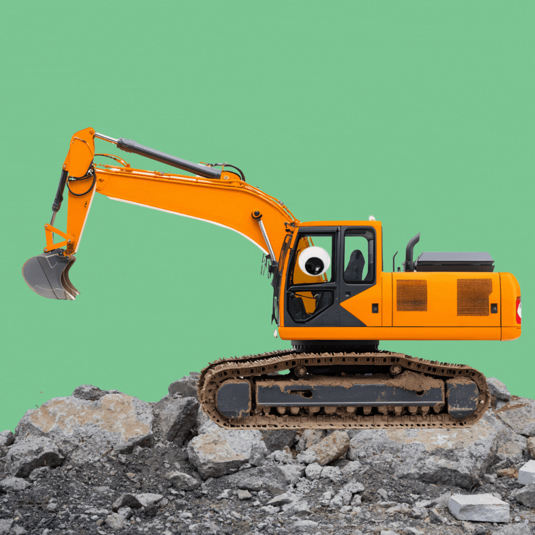 A piece of construction equipment on a pile of rubble.  