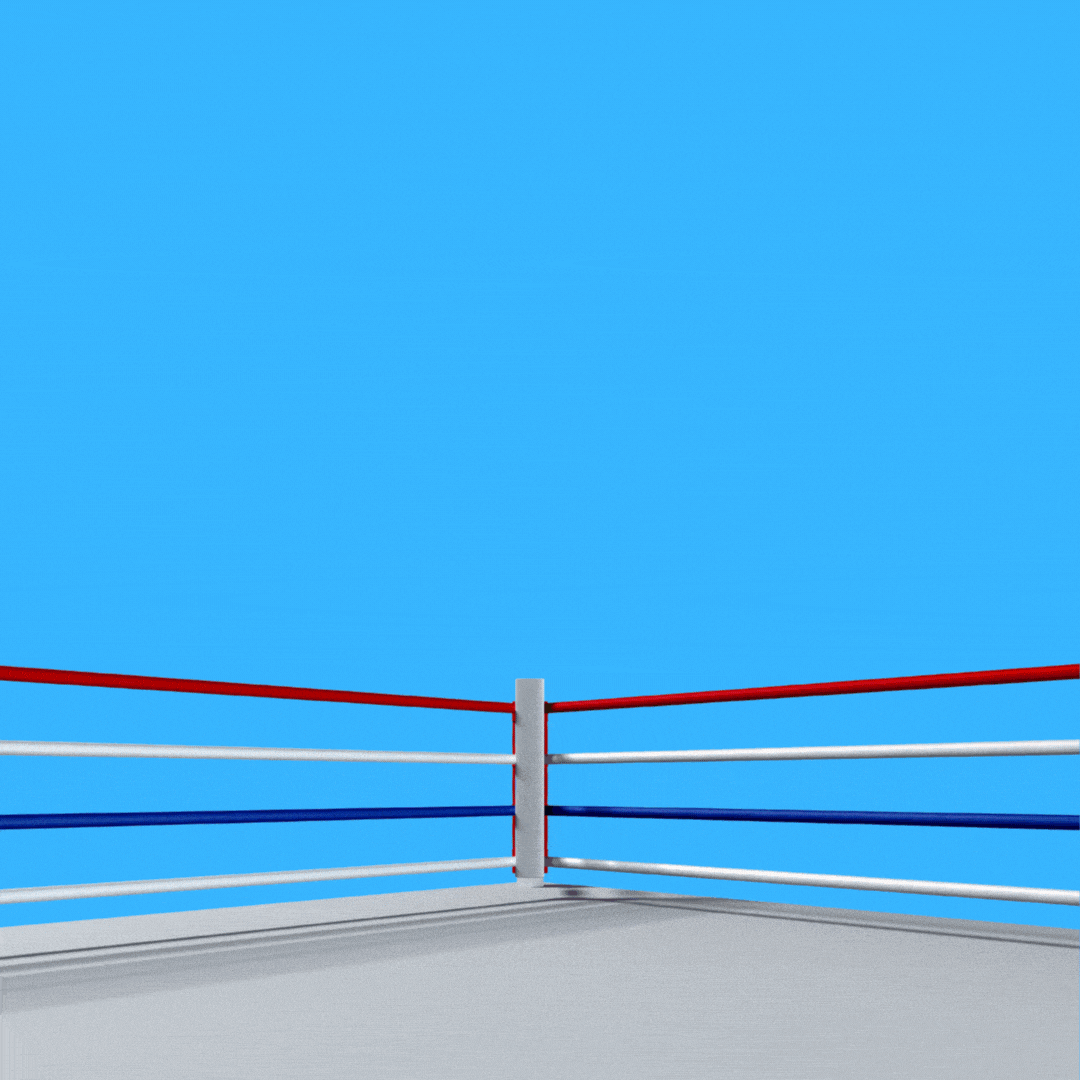 Two giant boxing gloves, one red and one blue, making contact with a yellow bang.