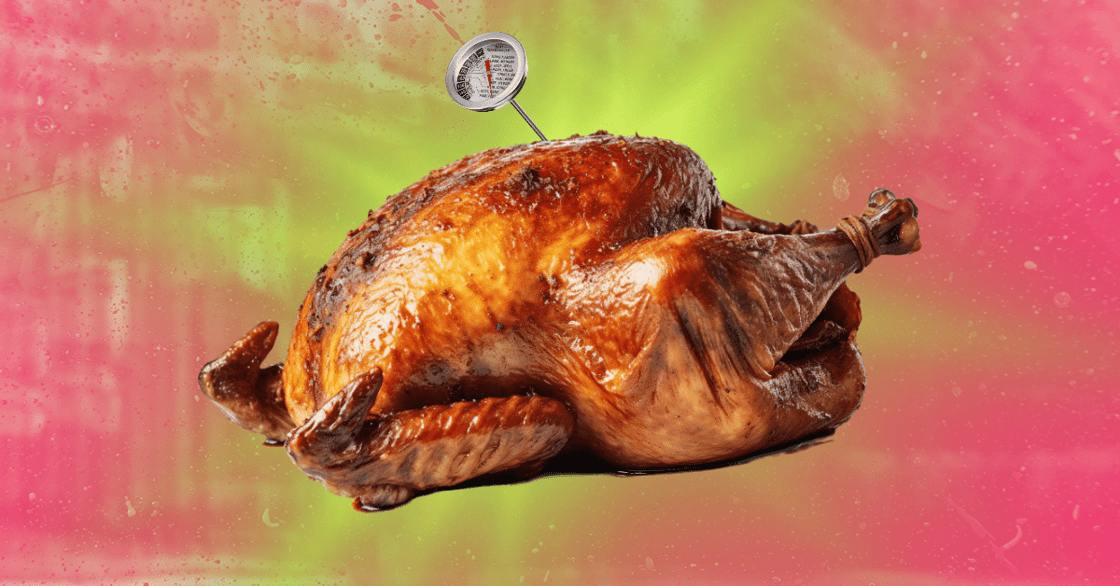 A roasted turkey with a thermometer sticking out its top.