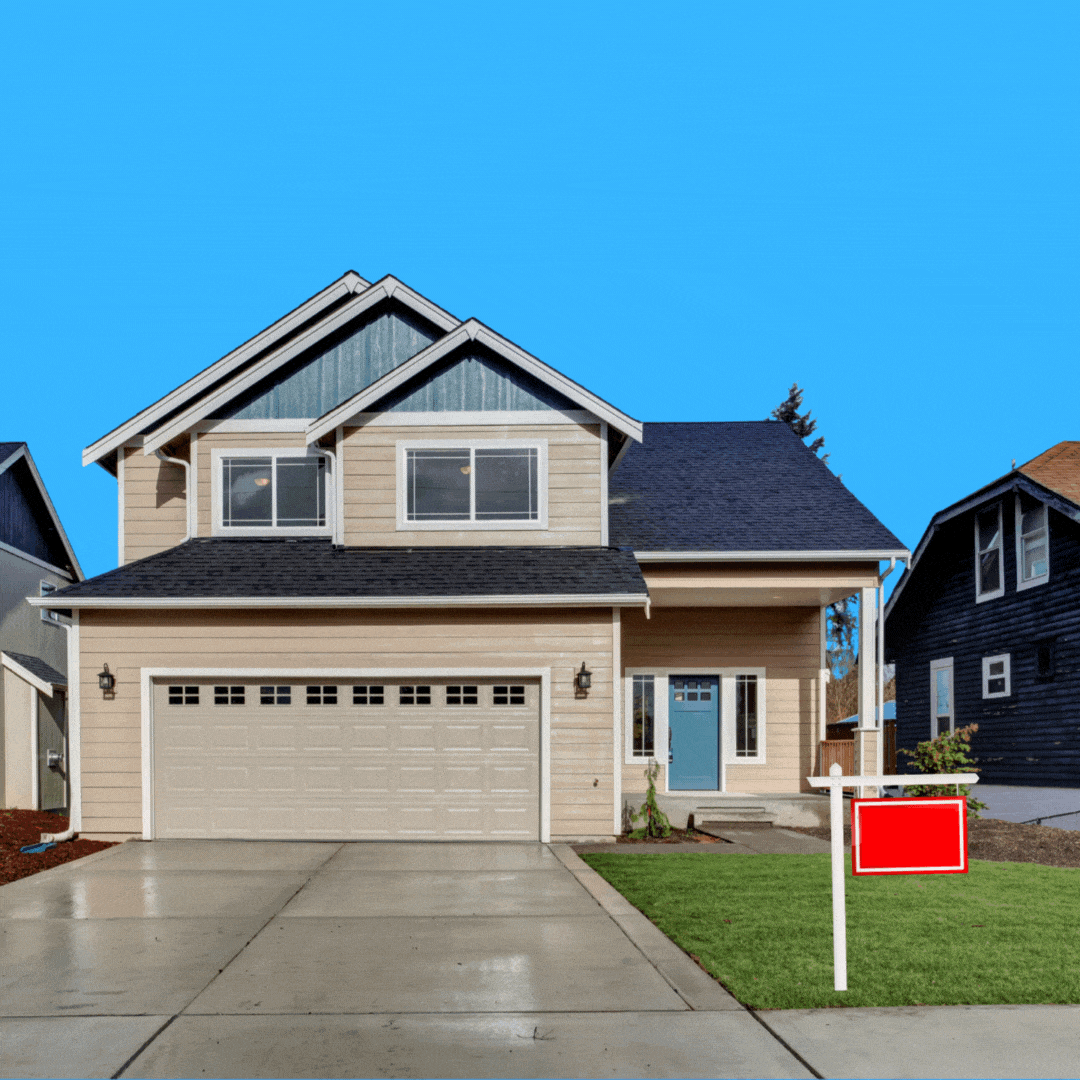 A For Sale sign in front of a beige house with blue and white trim.