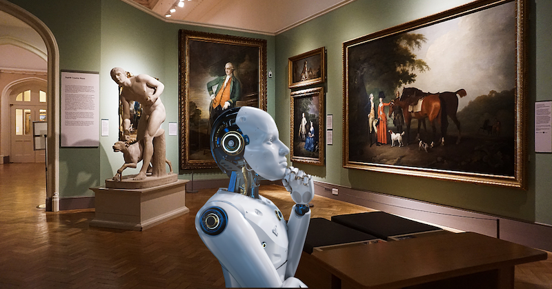 A gray robot contemplates a painting in an art gallery. 